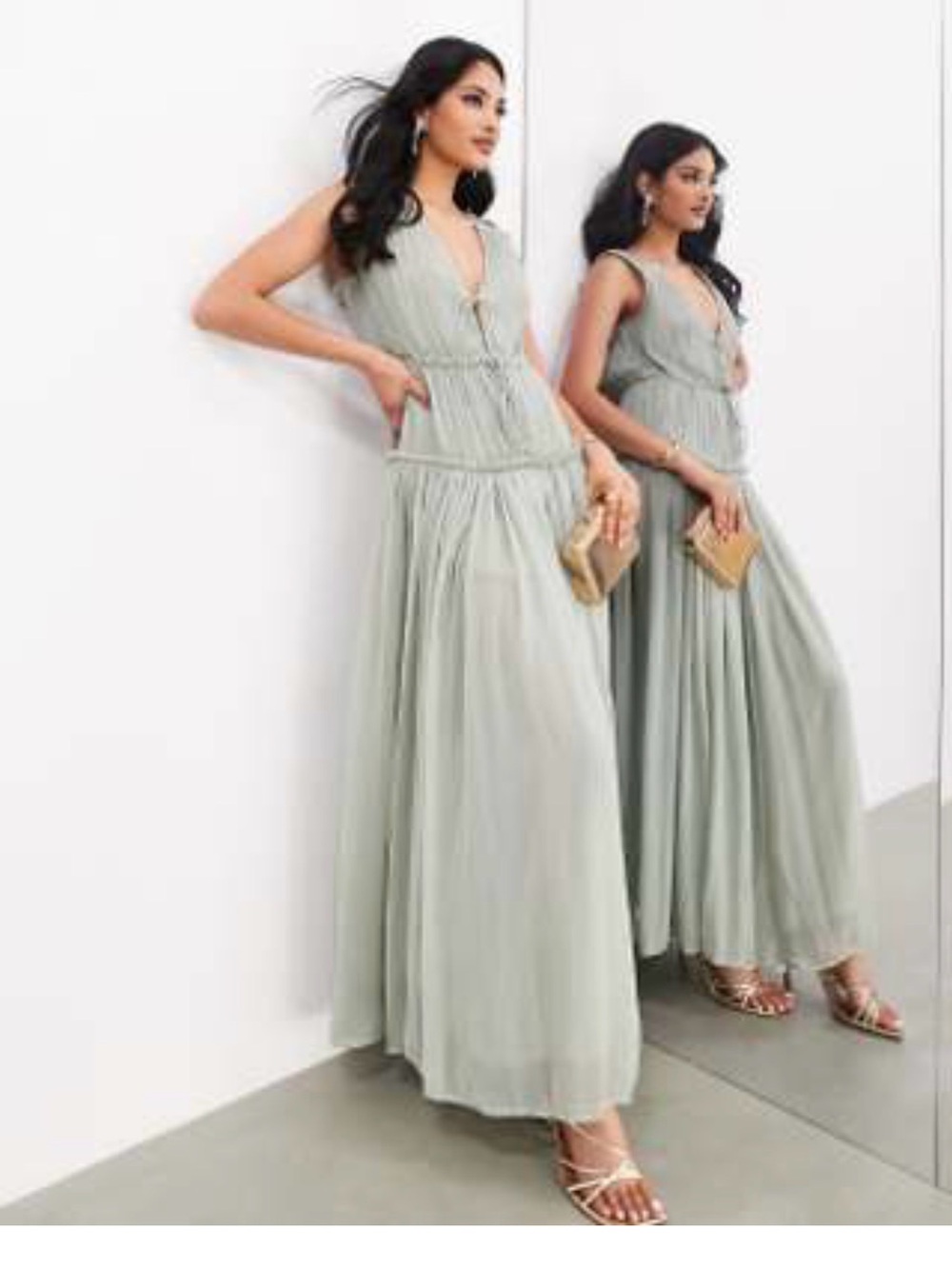 Sleeveless V-Neck Tiered Maxi Dress in Sage Green